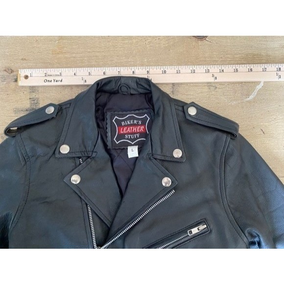 'BIKERS LEATHER STUFF ' BLACK Zippered, Studded Leather Jacket Girls/Tween (L) - Picture 10 of 12